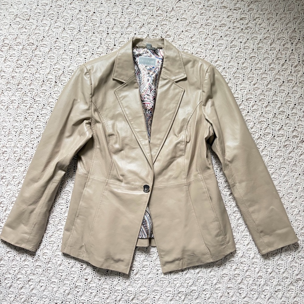 Guillaume Genuine Leather Jacket - Button Up Beige - Size Medium